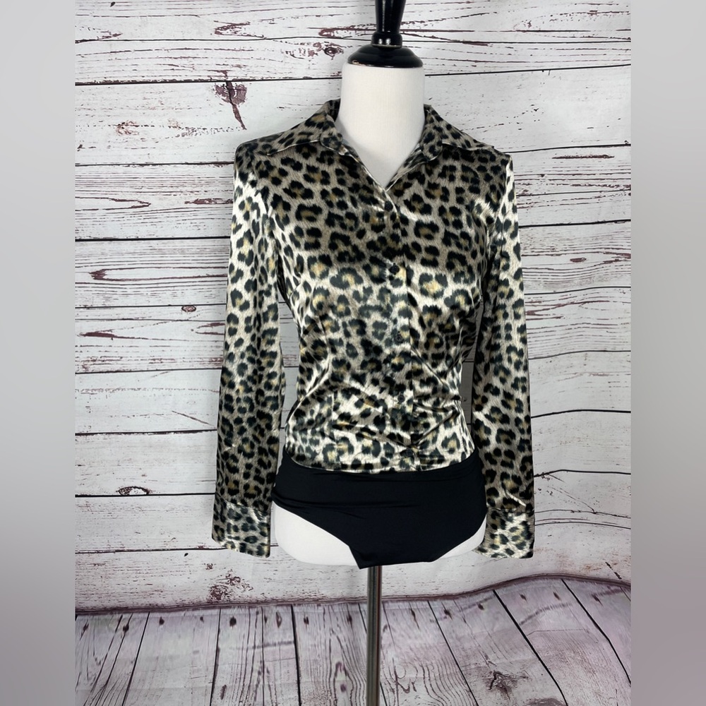 New ZARA Bodysuit Black Brown Leopard Animal Print Top Size Small